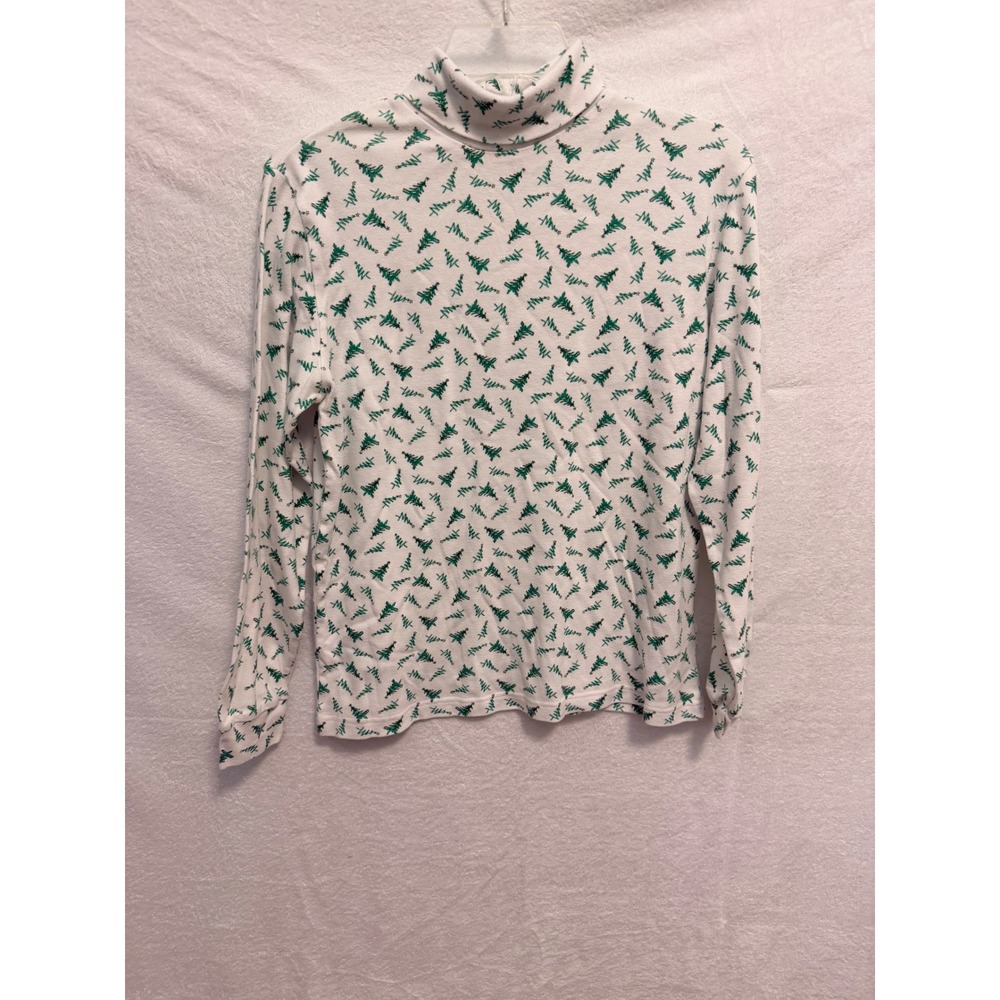 Basic Editions Holiday Womens White Christmas Tree Turtleneck Top Medium